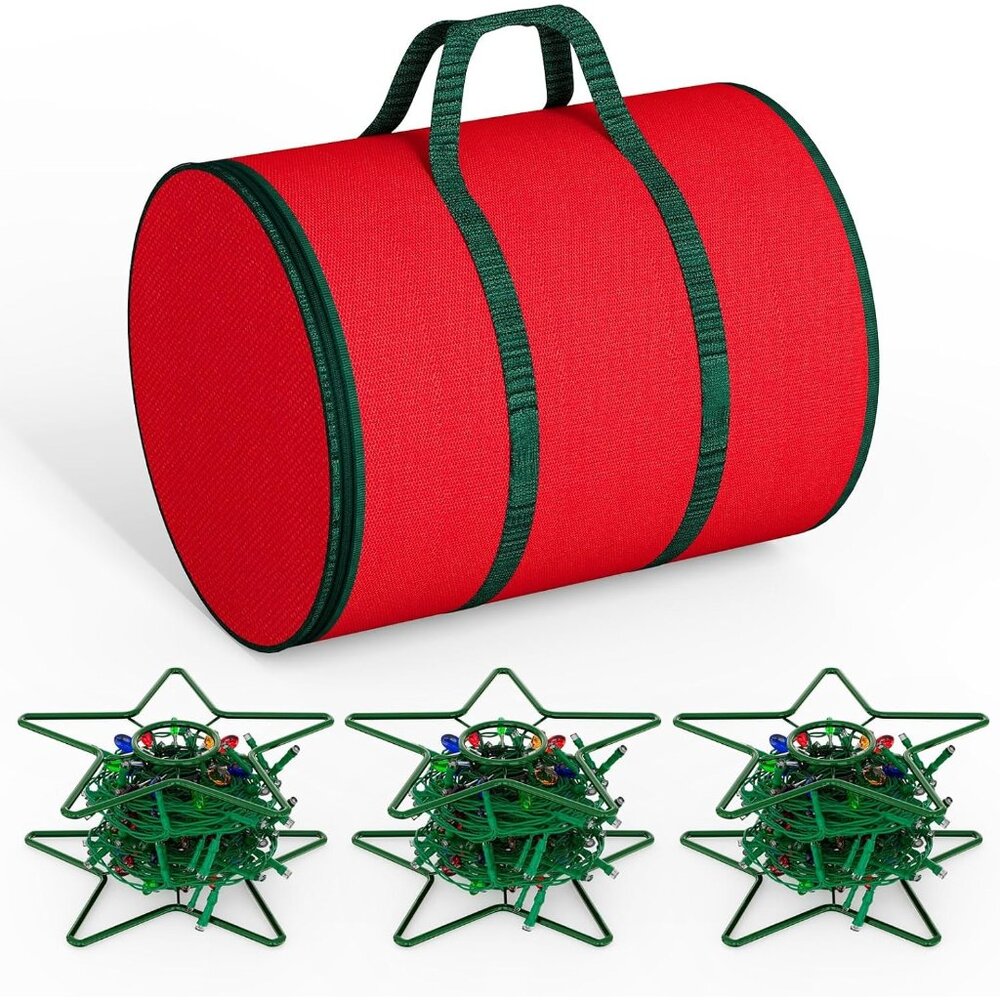 Dicasser Light Storage Zipper Carrying Bag Cord Reel Holder with 3 Green Metal R
